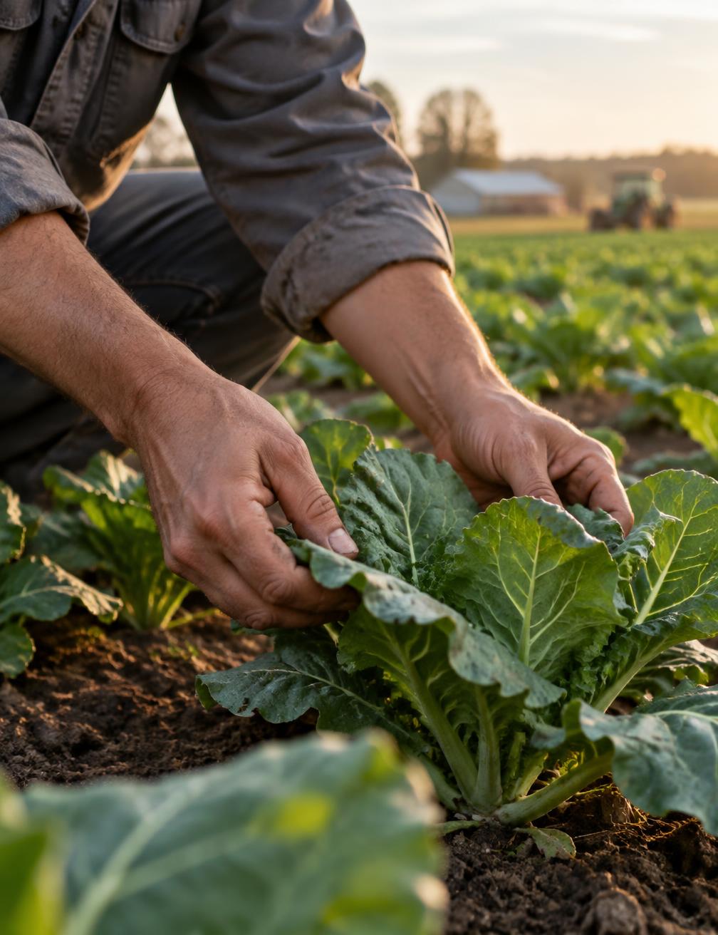 Hands tending leafy crops growing in a farm field