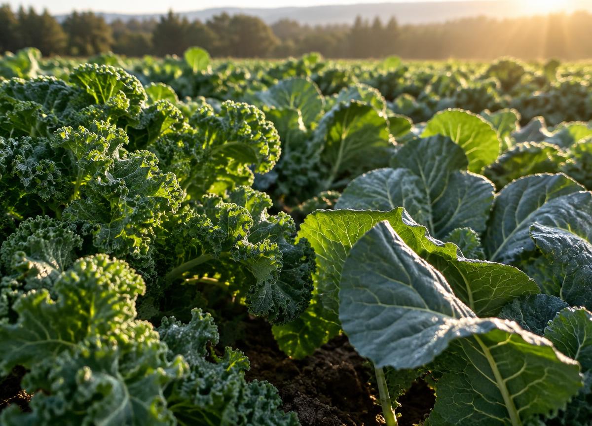 Healthy leafy vegetables growing in a field in warm natural light