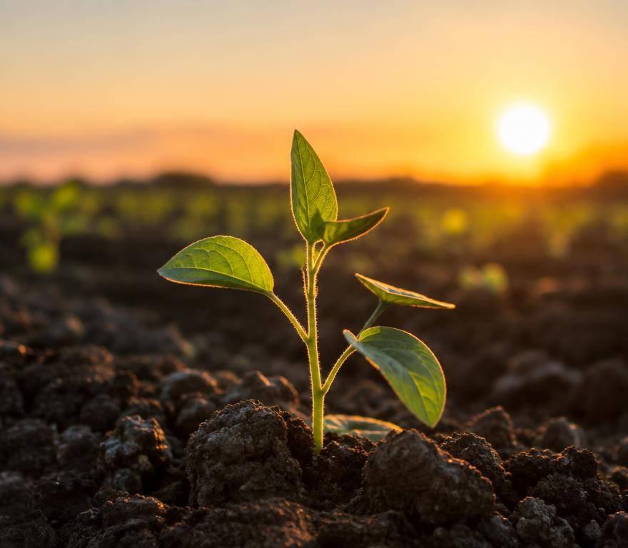 Young seedling growing from soil at sunset