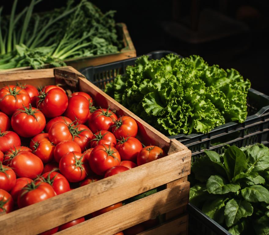 Crates of freshly harvested tomatoes and leafy greens