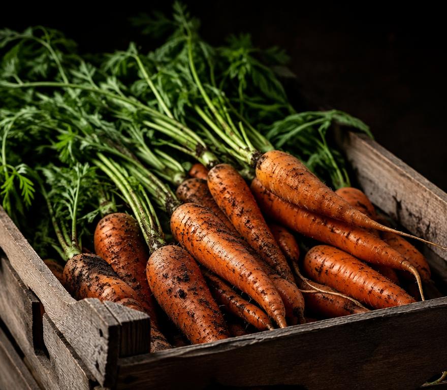 Freshly harvested carrots in a wooden crate