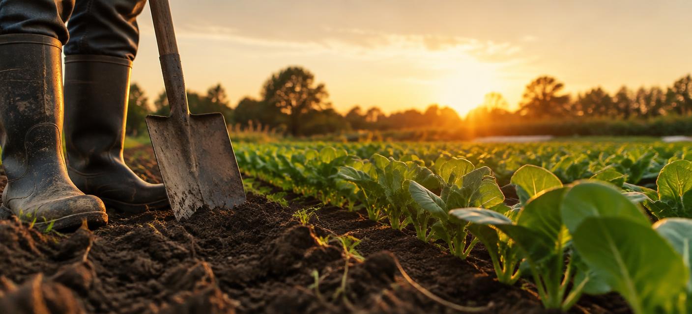 Boots and a spade in a field of young vegetable plants at sunset