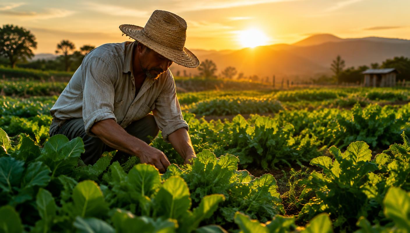 Farmer tending vegetables at golden hour