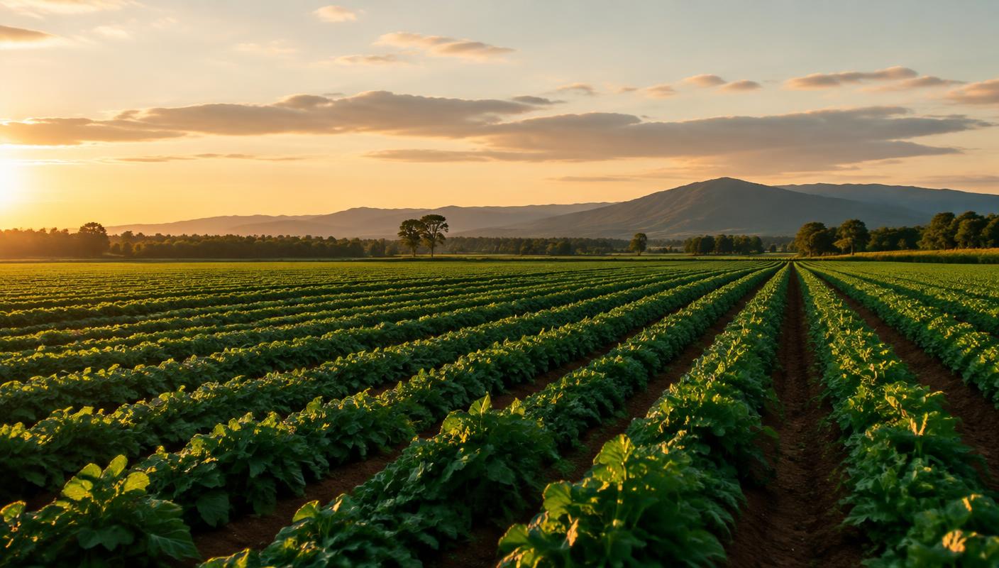 Rows of cultivated farmland stretching toward the hills