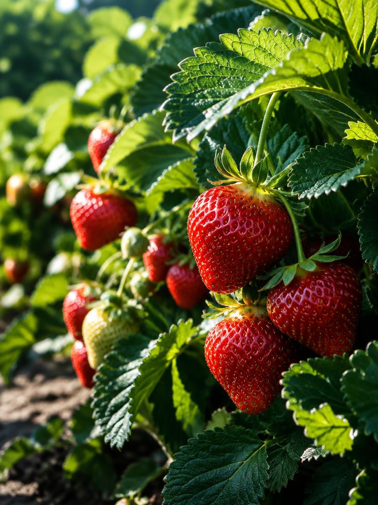 Ripe strawberries growing among green leaves