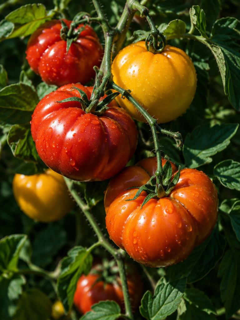 Colorful heirloom tomatoes ripening on the vine